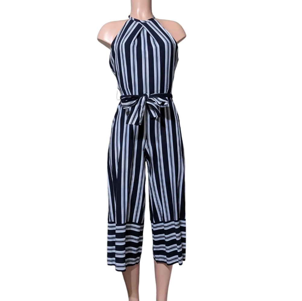 Club Monaco blue white nautical striped cropped halter jumpsuit